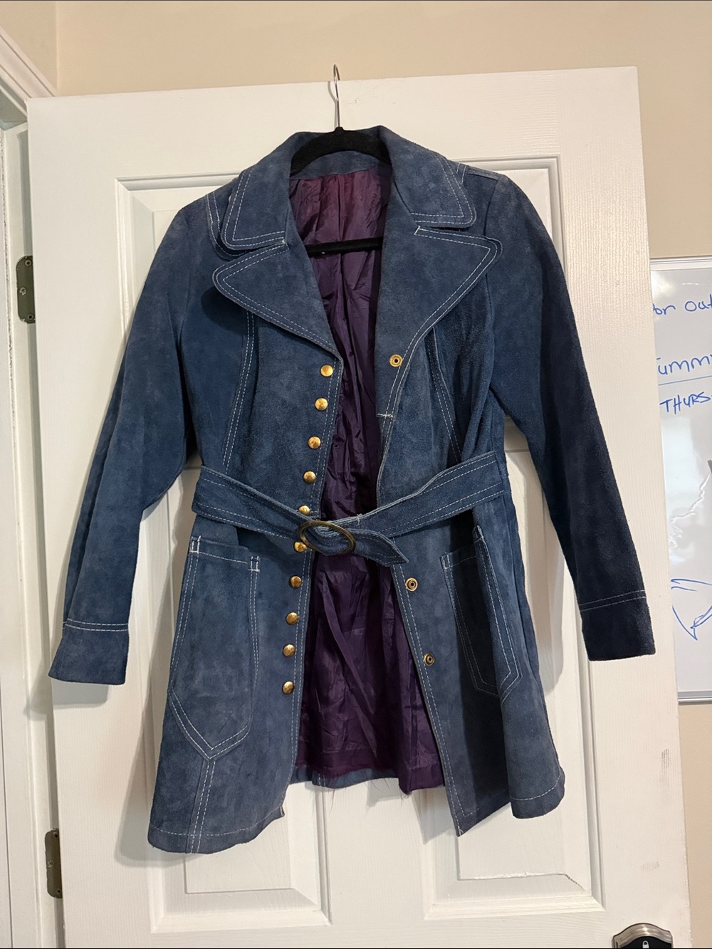 Women's Navy Suede Trench Coat with Belt